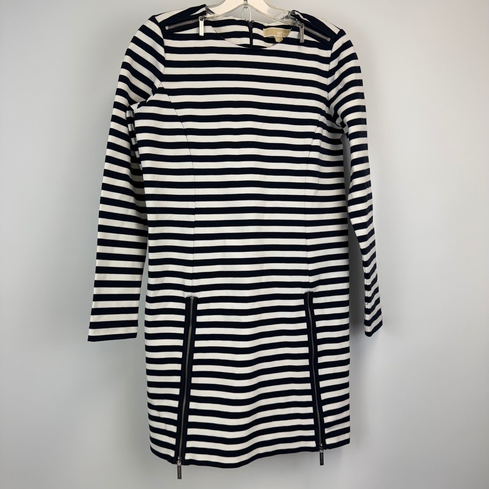 Michael Kors Navy White Striped Long Sleeve Zipper Detail Sheath‎ Dress Small